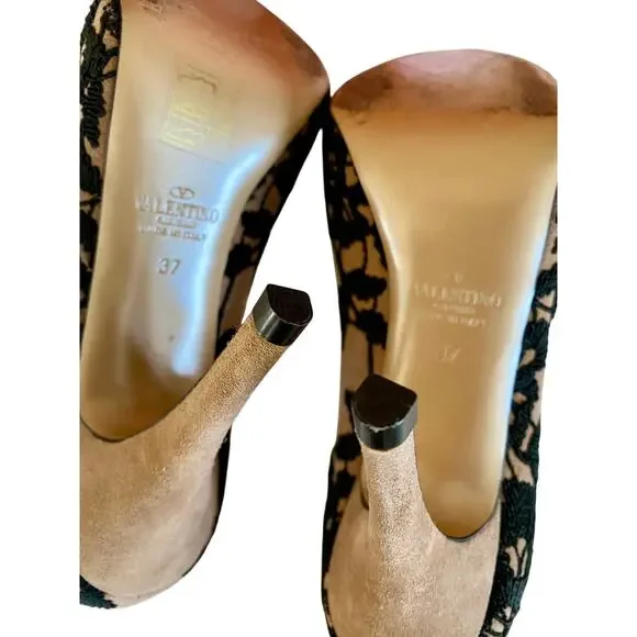 Valentino Garavani Suede Lace Peep Toe Heels 37 Nude Black Floral Embroidery - Picture 10 of 13
